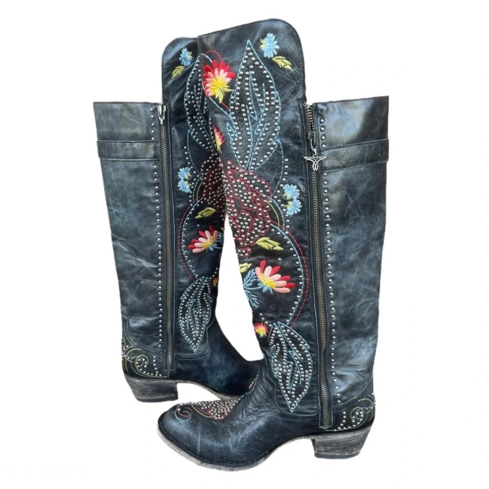 LANE Knee High Black Embroidered
Studded Boots - Picture 2 of 11